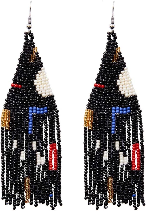 Luluping Long Beaded Dangle Earrings – Boho Native Handmade Seed Bead Tassel Earrings for Women, Bohemian Large Statement Beaded Drop Fringe Earrings