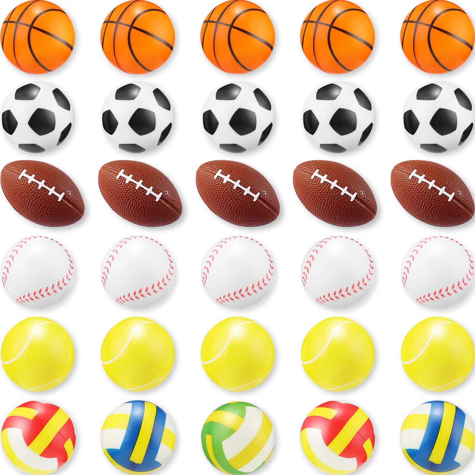 Photo 1 of 30 Pieces Mini Stress Balls 2.5 Inch Foam Sports Balls for Boys Girls, Includes Basketball, Football, Baseball, Soccer, Tennis, Volleyball Foam for Stress Relief, Party Favor Toys Games