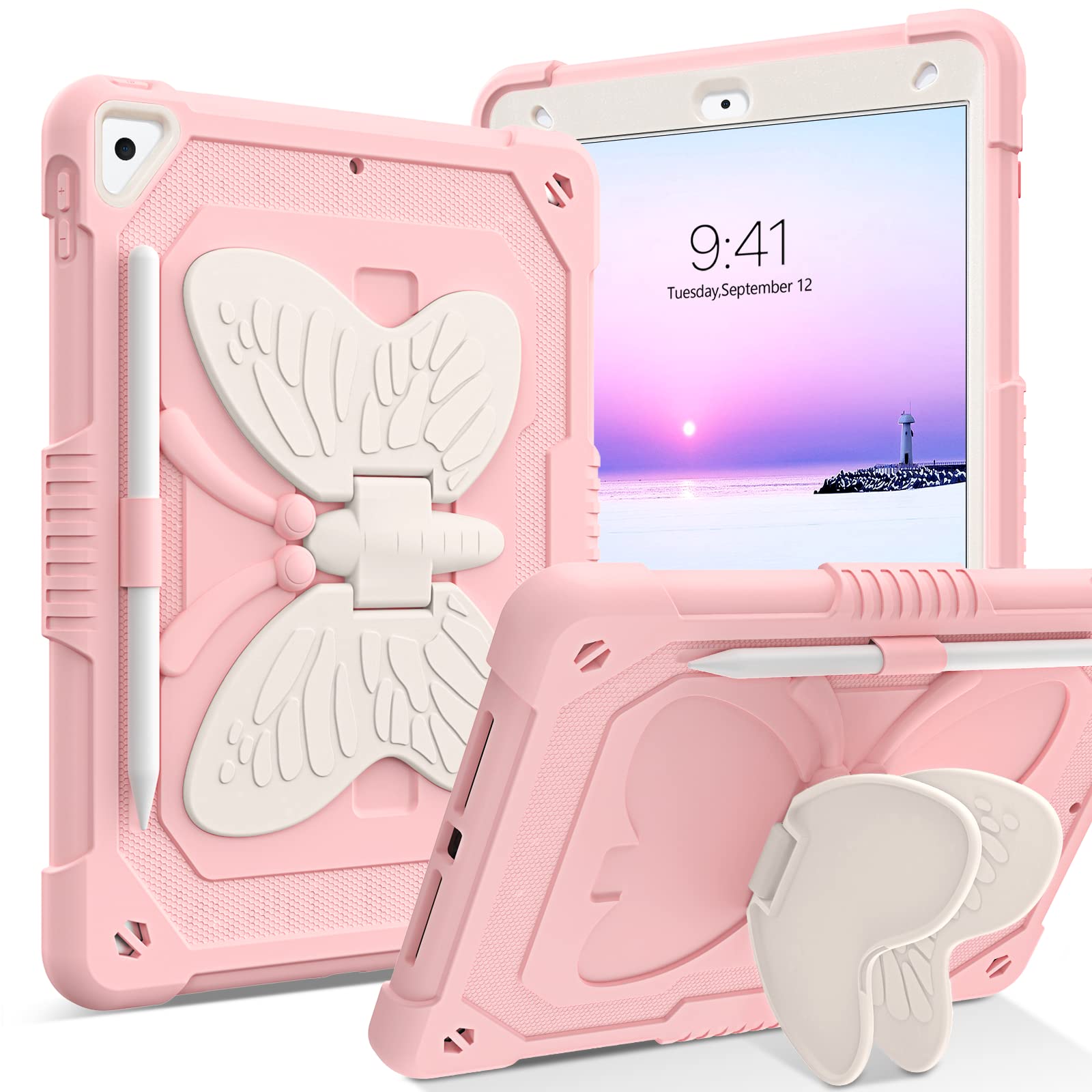 BENTOBEN Kids Case for iPad 9th / 8th / 7th Generation (2021/2020/2019) 10.2 inch, 2 Layer Rugged Shockproof Full Body Protective Case with Butterfly Stand Boys Girls Kids for iPad 10.2 inch, Pink