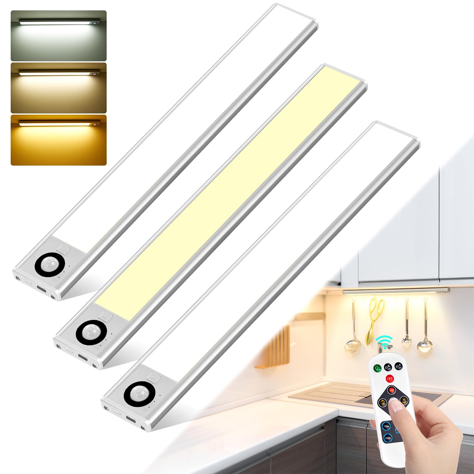 COTLEDL Under Cabinet Kitchen Lights,3Pack 72LEDs Magnetic Wardrobe Light Motion Sensor,3 Color Temps Dimming,3000mAh Type-C Rechargeable,Cupboard Night Lights with Remote for Kitchen,Bedroom,Hallway