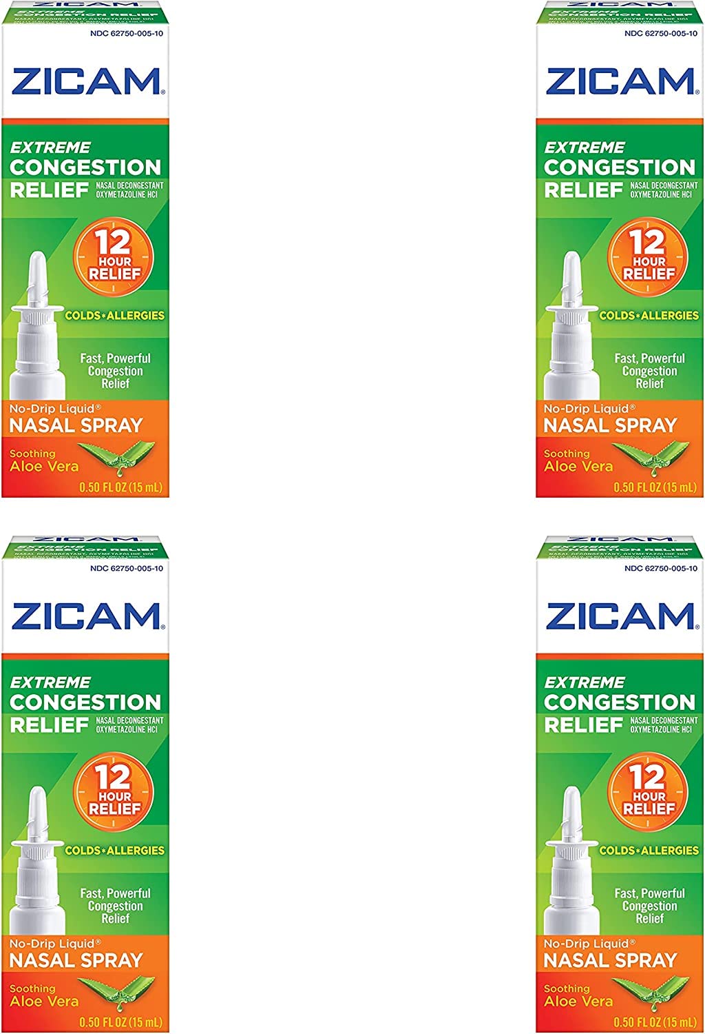 Zicam Extreme Congestion Relief Nasal Spray, 12 Hour Relief, No-Drip Liquid with Soothing Aloe Vera - 0.50 fl oz (Pack of 4)