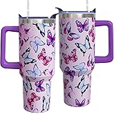 bchiijds 40 oz Butterfly Cup Tumbler with Handle Lid and Straw, Purple Butterfly Gifts for Women Adults, Cute Tumblers for Women