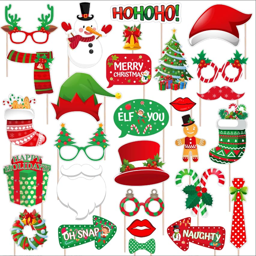 HeiPen 28 pcs Christmas Photo Booth Props, Christmas Party Decorations Party Accessories Supplies