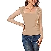 Aisbei Women's Sexy Square Neck Ruched Mesh Tops Sheer Long Sleeve Shirts See Through Going Out Top Blouse
