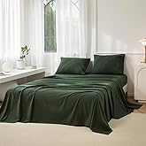 JIYUAN 100% Washed Cotton Sheet Set 4 Pieces Queen,1 Fitted Sheet,1 Flat Sheet and 2 Pillowcases,Comfy and Breathable Linen Like Bedding Set,Forest Green