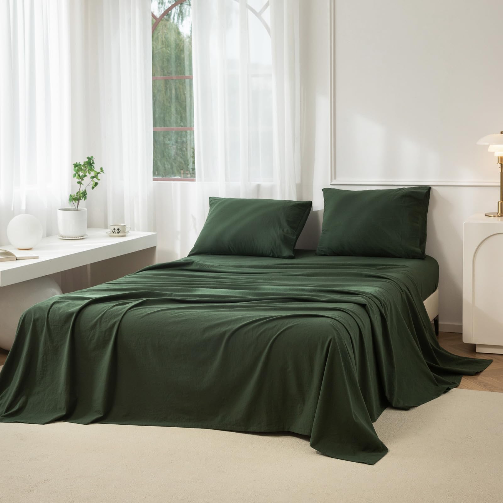 Photo 1 of *Missing items/Only pillow case*  JIYUAN 100% Washed Cotton Sheet Set 4 Pieces Queen,1 Fitted Sheet,1 Flat Sheet and 2 Pillowcases,Comfy and Breathable Linen Like Bedding Set,Forest Green