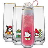 JoyJolt Hello Kitty and Friends Holiday Stemless Flutes, 9.5oz Drinking Glasses Set of 4, Kawaii Sanrio Hello Kitty Kitchen Glass Set Ideal for Water Juice Smoothies, Skinny Tall Glasses