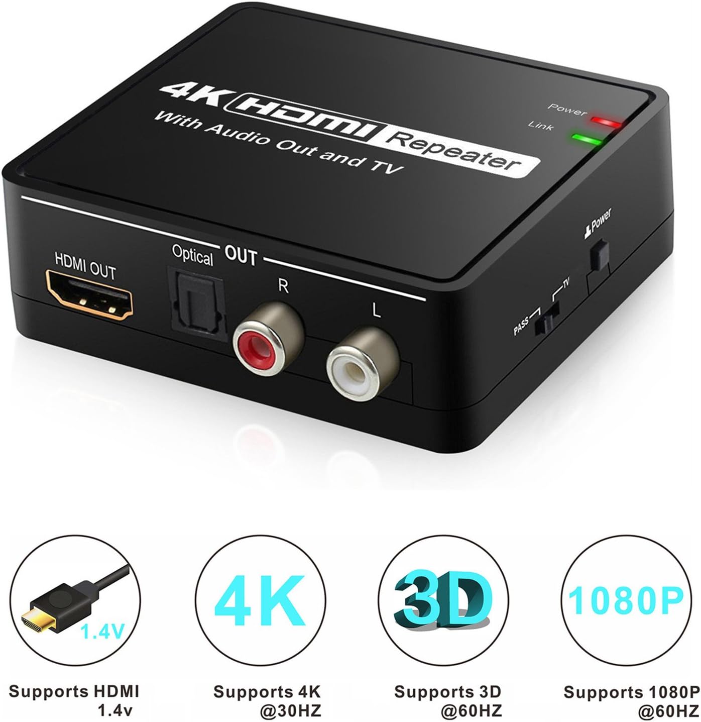 HDMI Audio Extractor, Aerctor HDMI to HDMI + Optical Toslink(SPDIF) + 2RCA(L/R) Stereo Analog Outputs Video Audio Converter Support 4Kx2K,Black