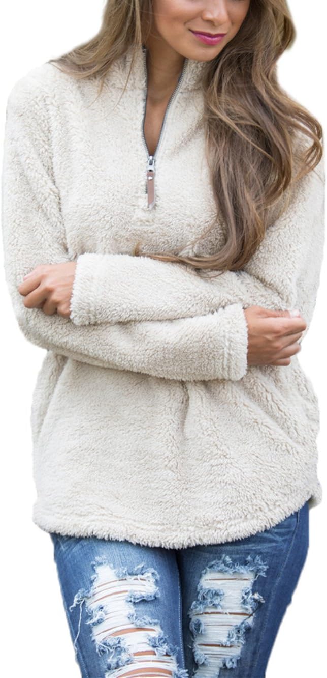 Dongpai Women's Long Sleeve 1/4 Zip Pockets Sherpa Pullover Fleece Sweatshirt Warm Coat Outwear