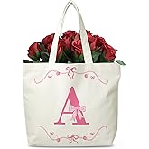 Dhsupfcn Monogram Canvas Totes with Cherry Bow Design, Reusable Cotton Tote Bag for Travel Shopping Beach