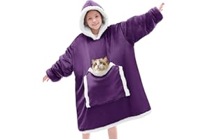 JOYWOO Purple Kids Wearable Blanket Hoodie, Oversized Cat lovers Hoodie Blanket for kids & Teens,Birthday Gifts for Girl Boys,Cozy Fuzzy Sherpa Fleece Blanket Giant Pocket Winter Gifts,Dark Purple