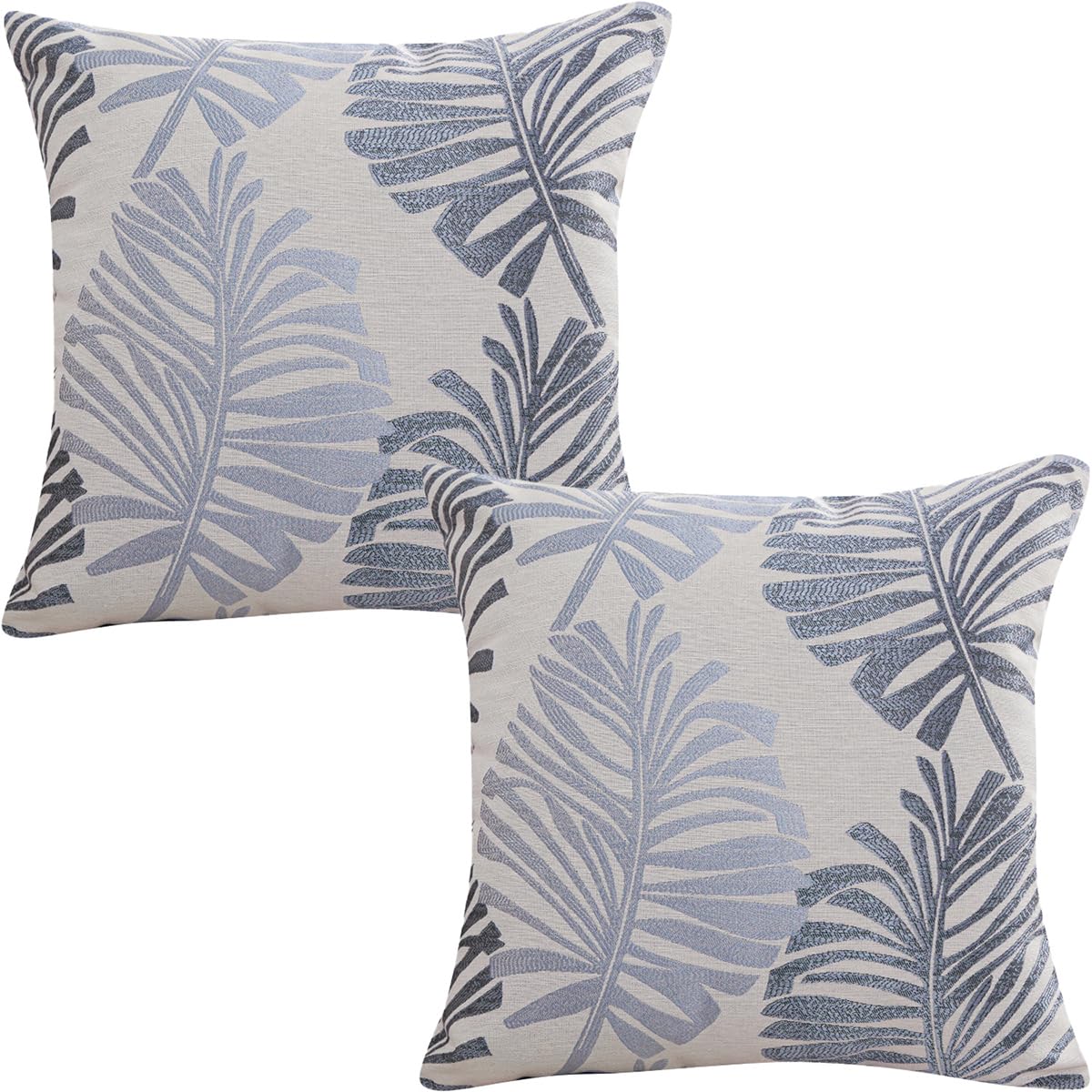 Tennove Cushion Covers 55x55cm Cotton Linen & Velvet Soft Throw Pillow Covers Set of 2 Decorative Tropic Leaf Pattern Square Cushion Cases Pillowcases for Couch Sofa Home Décor, Blue
