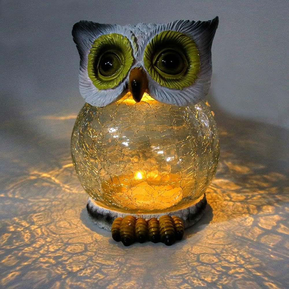 Trivol Garden Statue Owl Figurine Reinforced Resin-Glass Statue with Solar Powered LED Lights for Patio Yard Art Decor Lawn Ornaments Outdoor Decorations, 5.1 x 6.3 Inch - White : Garden & Outdoor