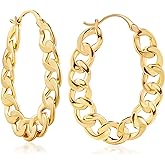 Barzel 18K Gold Plated Link Chain Hoop Earrings for Women 1.5in length 7.8mm wide - Made in Brazil