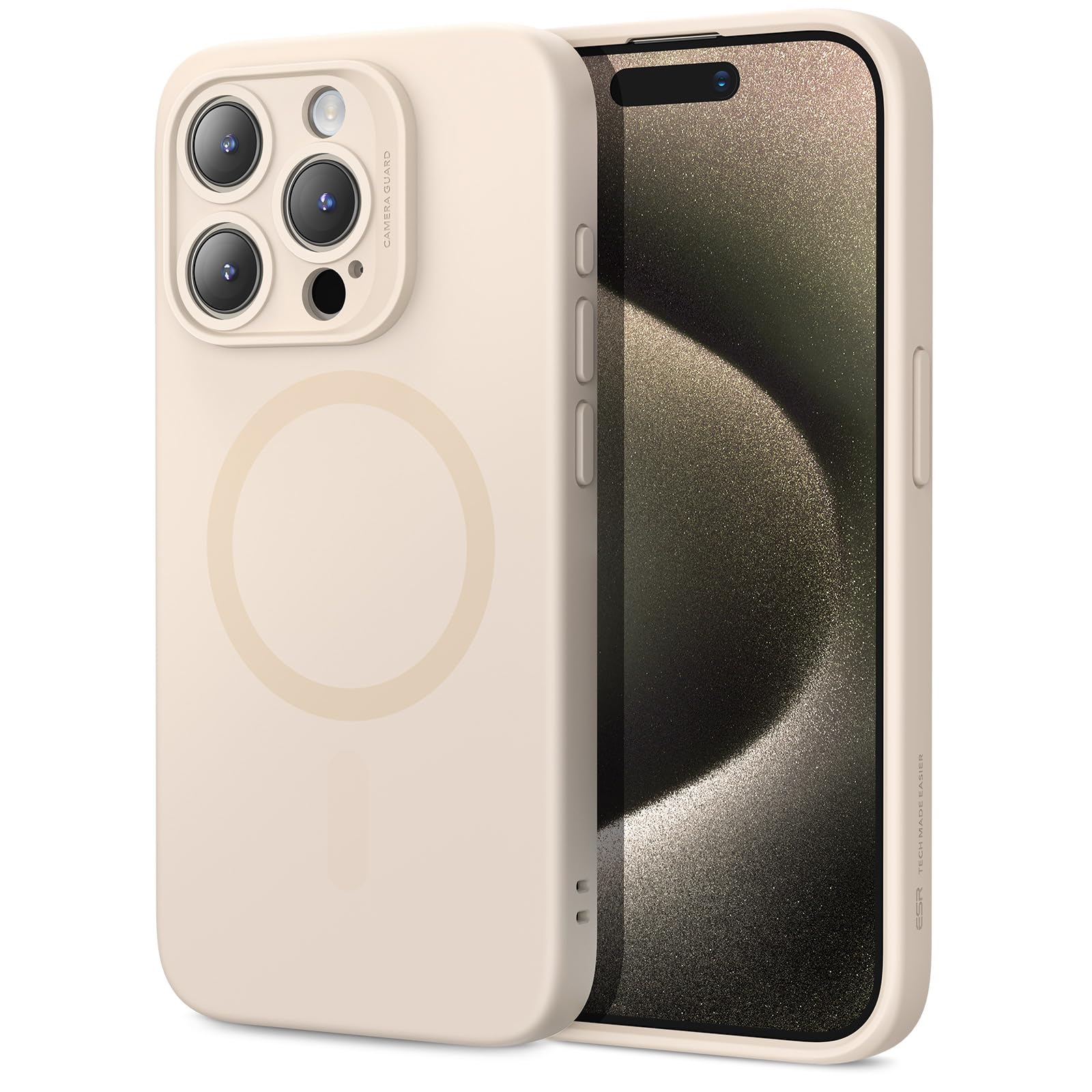 Photo 1 of ESR for iPhone 15 Pro Case with MagSafe, Supports Magnetic Charging, Slim Liquid Silicone Case, Shock Absorbing, Screen and Camera Protection, Cloud Series, Light Tan