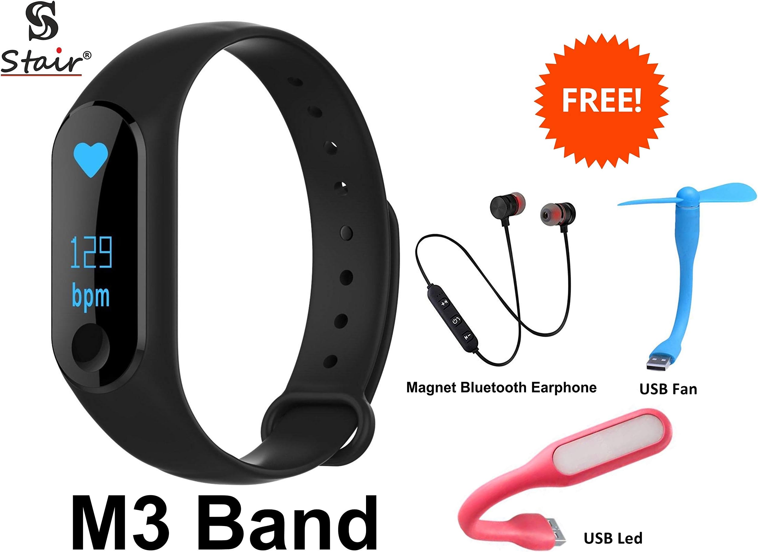 S Stairยฎ M3 Intelligence Bluetooth Health Wrist Smart Band Watch Monitor/Smart Bracelet/Health Bracelet/Activity Tracker/Smart Fitness Band.(Free Magnet Earphone, USB LED & USB Fan)