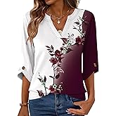 Kistore Womens 3/4 Length Sleeve Tunic Tops Casual V Neck Shirts Business Work Blouses Trendy Flowy Tees