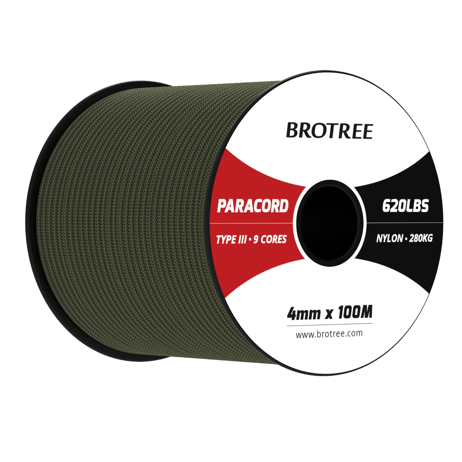 Brotree Paracord 4mm 100M 9 Strands 100% Nylon Rope Type 3 Parachute Cord for Outdoor, Bracelet, DIY - 280kg Breaking Load (Army Green)