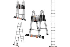DEZEX A Frame Telescoping Ladder 16.5 FT Stainless Steel, 375lbs Capacity With Balance Bar and Movable Wheels, Multi-Purpose Collapsible for Indoor Outdoor Work
