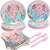 PCLMLES 96Pcs Axolotl Birthday Decorations Pink Cartoon Animals Paper Plates and Napkins and Forks for 24 Guest Picnic Baby Shower Kids Birthday Party Supplies
