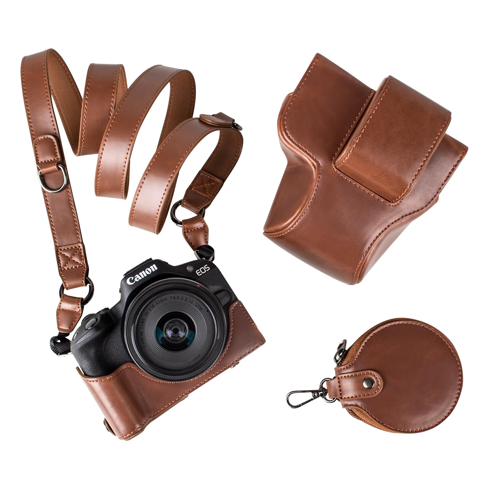MUZIRI KINOKOO EOS R50 R100 Camera Case, Retro PU Leather Protective Case for Canon EOS R50 R100 DSLR Camera with 18-45mm Lens - with Bottom Opening & Shoulder Strap & Storage Pocket - Coffee