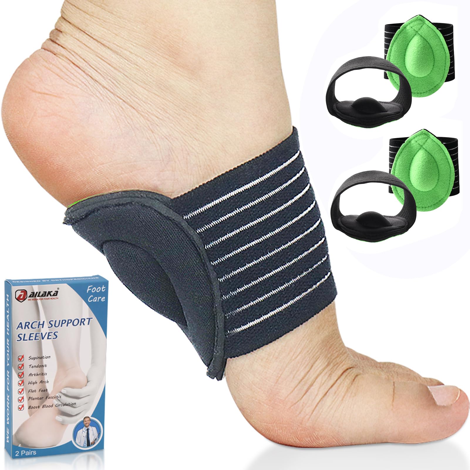 Ailaka 2 Pair Arch Support Braces, Compression Cushioned Plantar Fasciitis Sleeves for Pain Relief & Sore, Flat Feet, Heel Spurs (Black & Grey, One size fit all)