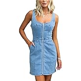 SOMTHRON Women's Summer Denim Tank Dress Zipper Front Sleeveless Bodycon Sexy Jean Mini Dress with Pockets