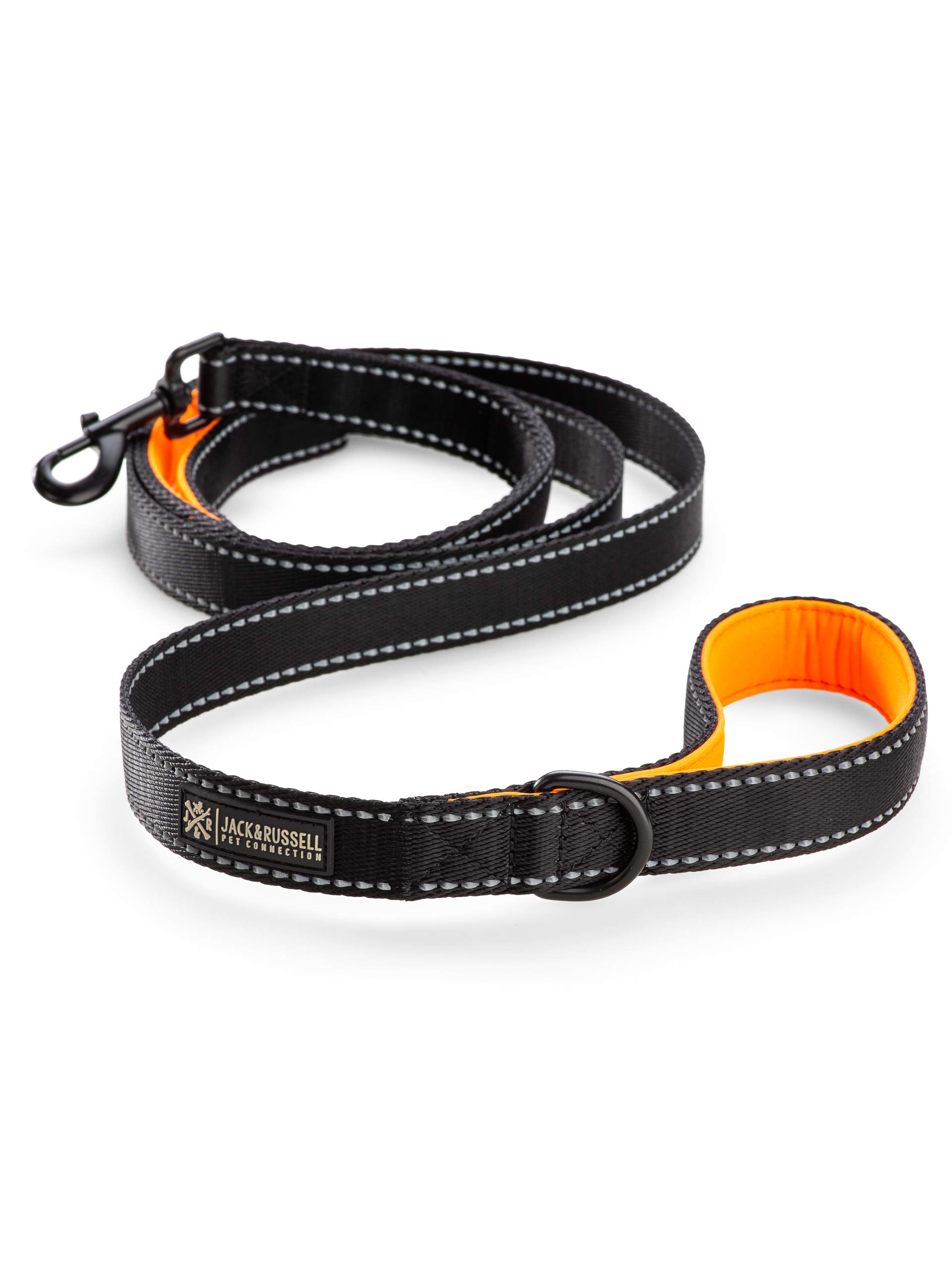 Jack & Russell Premium dog leash Rocky - Dog sports leash made pull leash with bolt carabiner - Dog leash with soft-grip hand strap incl. jute bag (Black/Orange)