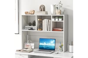 CLEEMAN Desktop Shelf & Bookshelf, 2-Tier Wooden Desk Organizer Shelf with 4 Cubes for Computer Desk, Multipurpose Desk Organizer, Desk Hutch for Dorm Office Home Small Spaces (White)