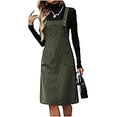 SOLY HUX Women's Square Neck Sleeveless Corduroy Dress Knee Length Fall Overall Dresses with Pockets