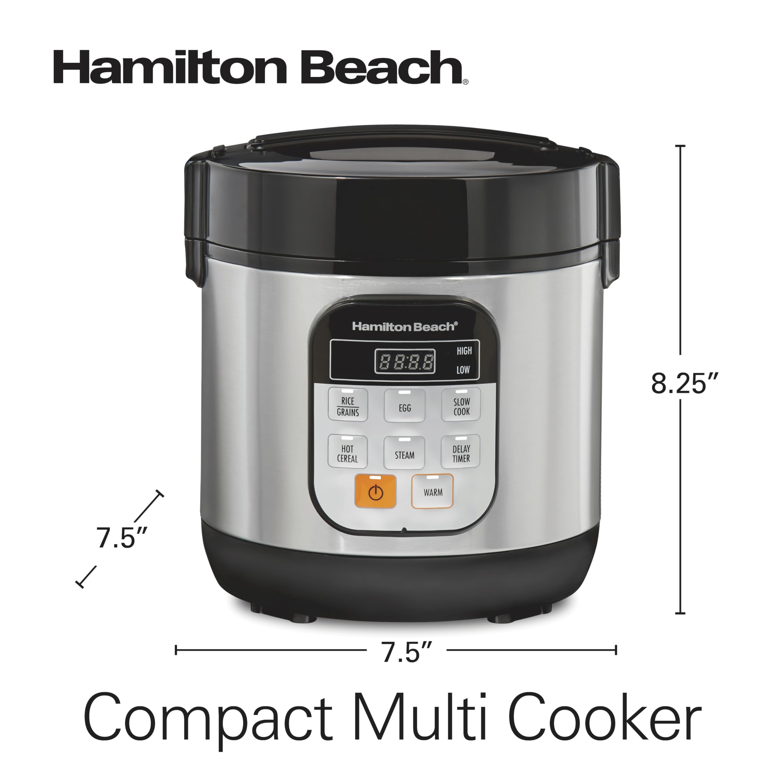 Hamilton Beach Digital Programmable Rice Cooker & Food Steamer, with Slow Hard-Boiled Egg Functions, Egg/Steam Tray, Small & Compact, 6 Cups Cooked (3 Uncooked), Stainless Steel (37524)