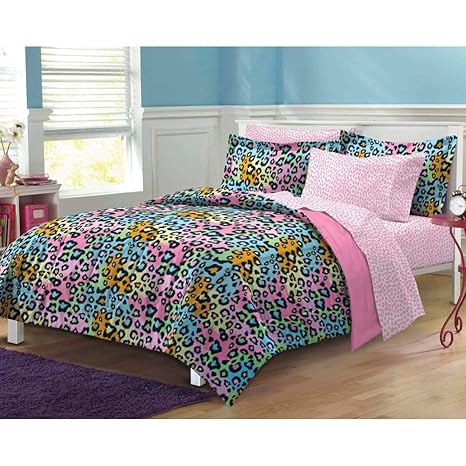 Amazon Com 7pc Girls Teen Rainbow Leopard Themed Comforter Queen