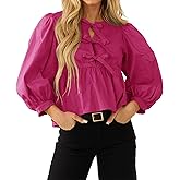 Women's Babydoll Tie Front Tops Puff 3/4 Length Sleeve Cute Casual Summer Peplum Blouses Shirts 2025