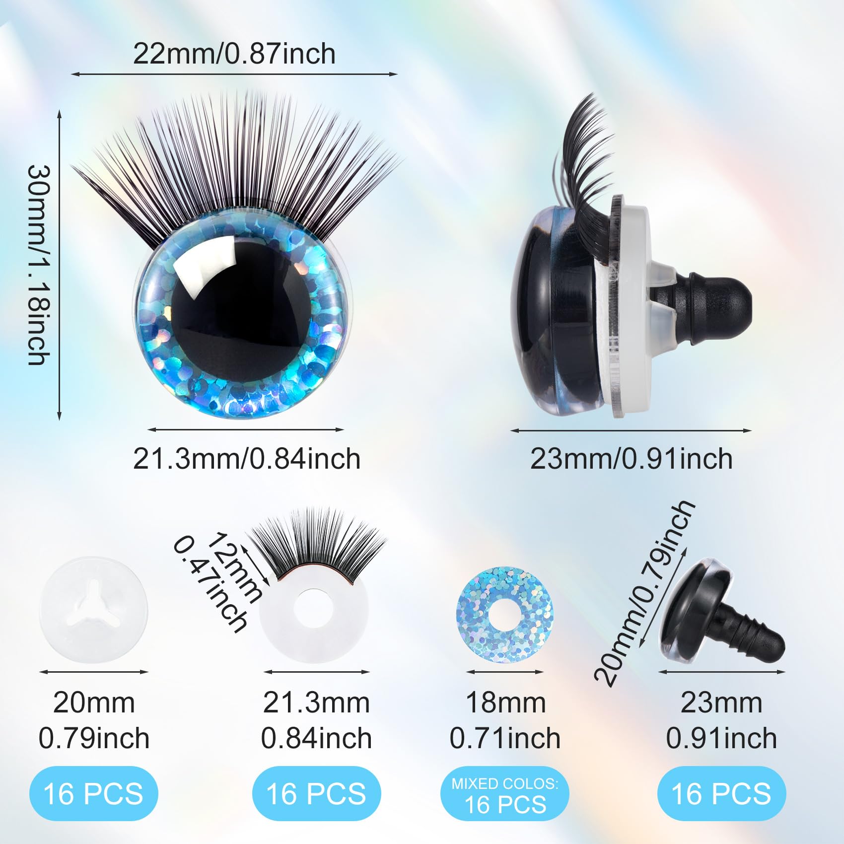 HINZIC 64PCS 20MM Safety Glitter Toy Eyes with Eyelash 3D Doll Eyes for DIY Tedding Puppet Bear Stuffed Animal Craft Wedding Birthday Rave Halloween Costume Crocheting Making(Mix Colors)