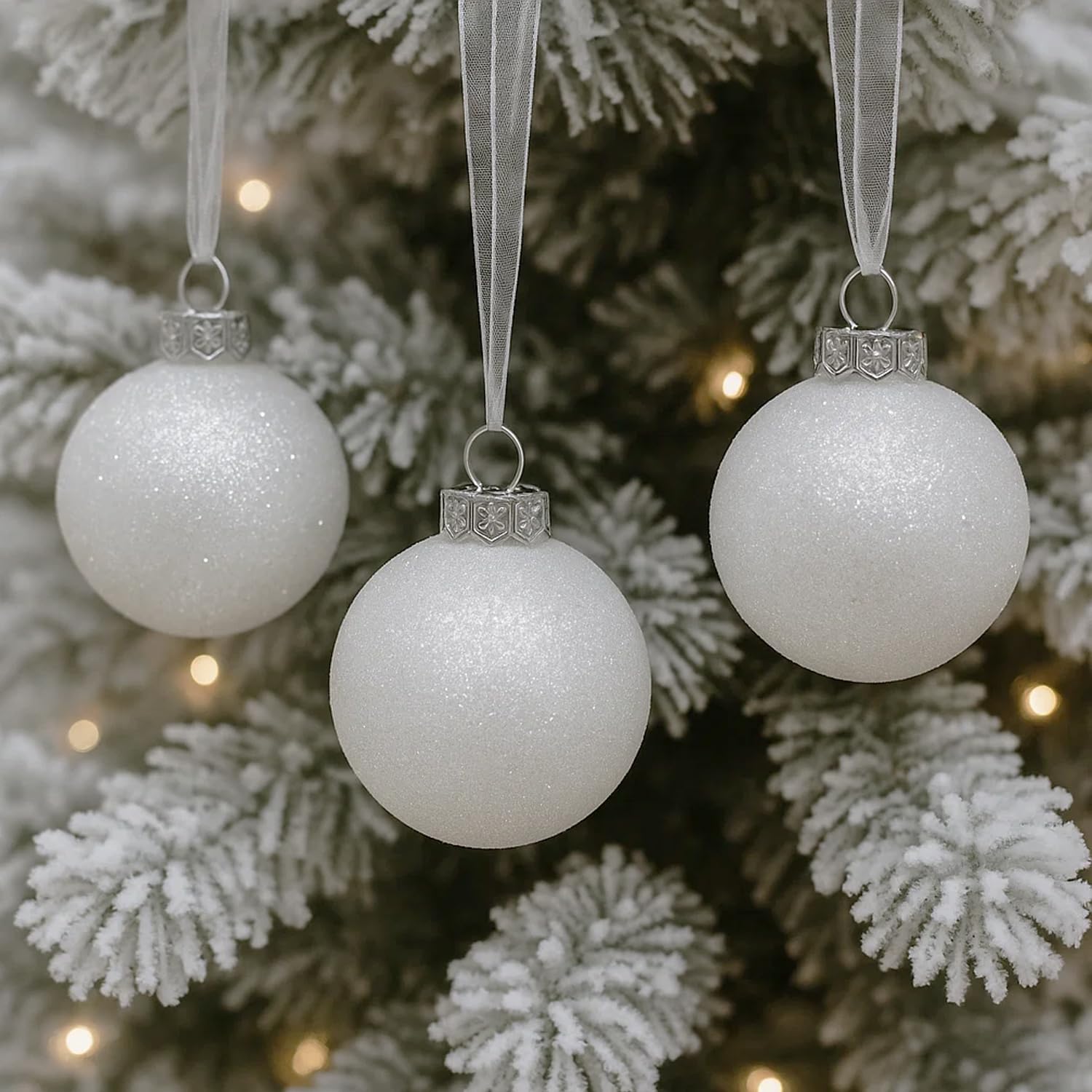 SLEETLY White Baubles for Farmhouse Christmas Tree Holiday Xmas Decorations - Shatterpoof Plastic 60mm Glitter Snowballs and 80mm Snowflakes, Ornament Set of 30
