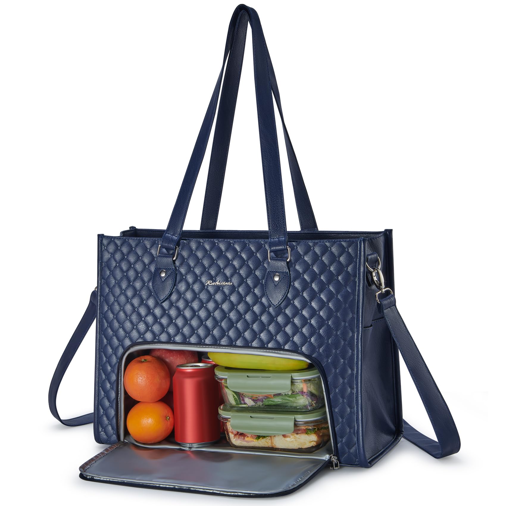 Photo 1 of Ralnitote Laptop Tote Bag with Insulated Lunch Compartment for Women, PU Leather 15.6 Inch Work Bag, Elegant Computer Handbag, Versatile Business Tote for Office,Travel or Casual-Midnight Blue