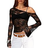 OZICERD Off The Shoulder Coquette See Through Sheer Mesh Lace Tops for Women Long Sleeve Going Out Tops Club Rave Outfits