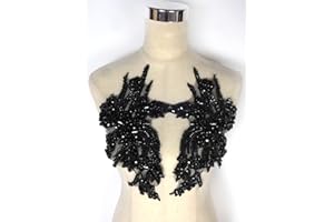 LABELLEZALADY Hand-Made Beaded Rhinestons DIY Clothing Appliques Patch,Beaded Applique for Wedding Dress Decoration,Rose Gold/Pink/Silver/Red/Black Flower Applique by Pair (Black-B)