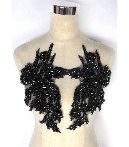 Zbroh Handmade Rhinestone Lace Patch - Sew-on Applique For Dress Neckline, 39x16cm, Black
