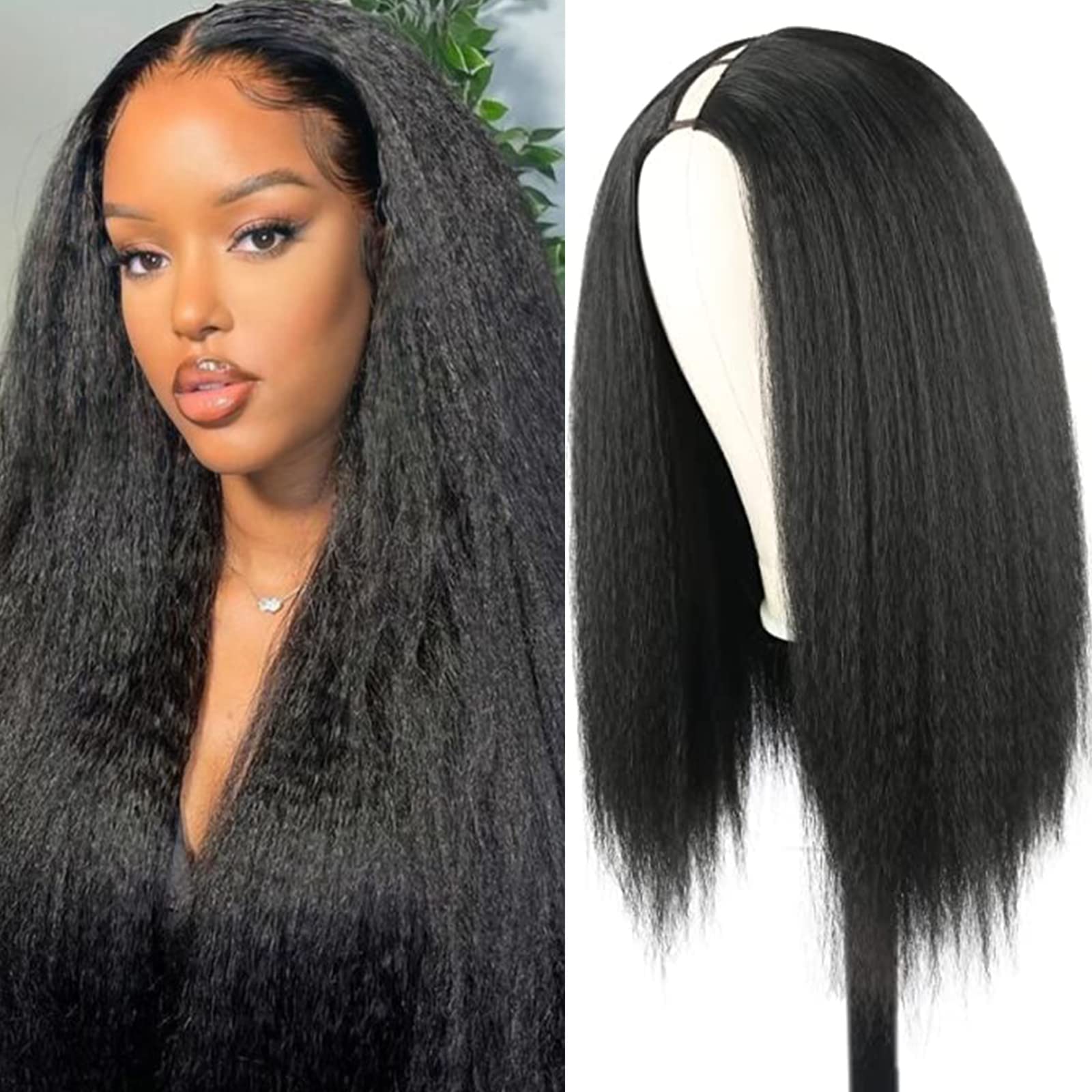 KRSI Kinky Straight V Part Wigs for Black Women 20Inch V Part Wig Synthetic Yaki Curly Black Wigs for Natural 5C Hair Full Head V Shape Wig Clip in V Part Curly Wig 180 Density