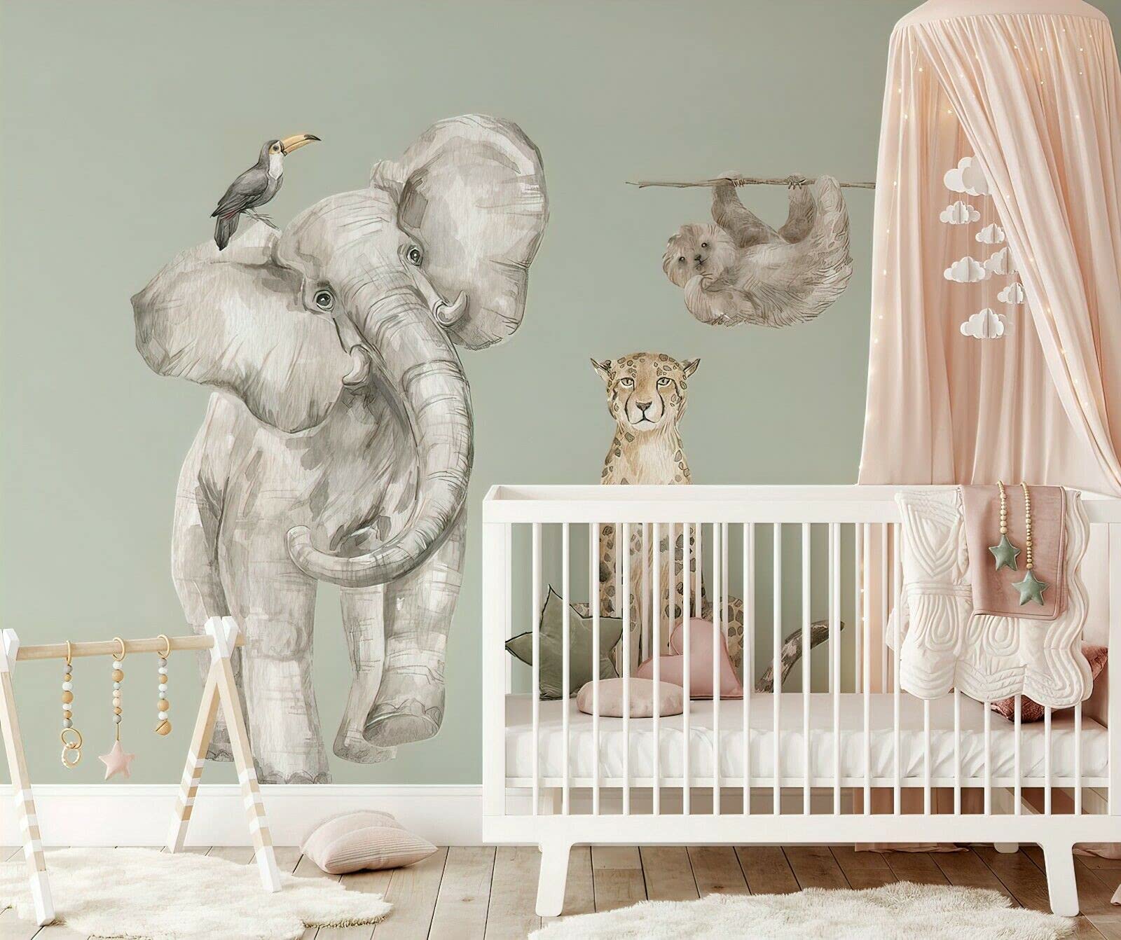 BelleImpression - Safari Animals Giant Elephant Wall Decal Set Removeable Watercolour Stickers (95cm W x 155cm H). Perfect for Nursery or Bedroom Decoration. Suitable for Kids, Toddler or Children.