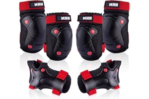 NHH Adult & Kids Knee Pads Elbow Pads Wrist Guards for Kids Youth Adultds Men and Women 6 in 1 Protective Gear Set for Skateboarding, Skating, Roller Skating and Multi-Sports (Black--Red, Medium)