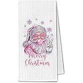 ChissNook Pink Santa Merry Christmas Kitchen Towels, Winter Christmas Dish Towels Drying Cloth for Kitchen, Holiday Xmas Funny Santa Claus Decorative Hand Towel for Bathroom, 16x24 Inch