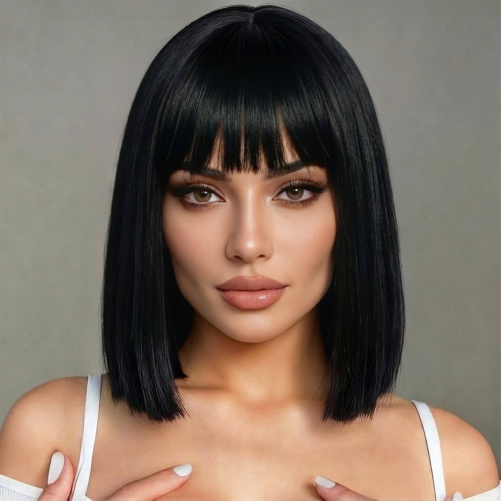 BUYOGET Natural Black Bob Wigs with Flat Bangs 13 Inch Striaght Shoulder Wigs for Women Cosplay Costume Party Wig