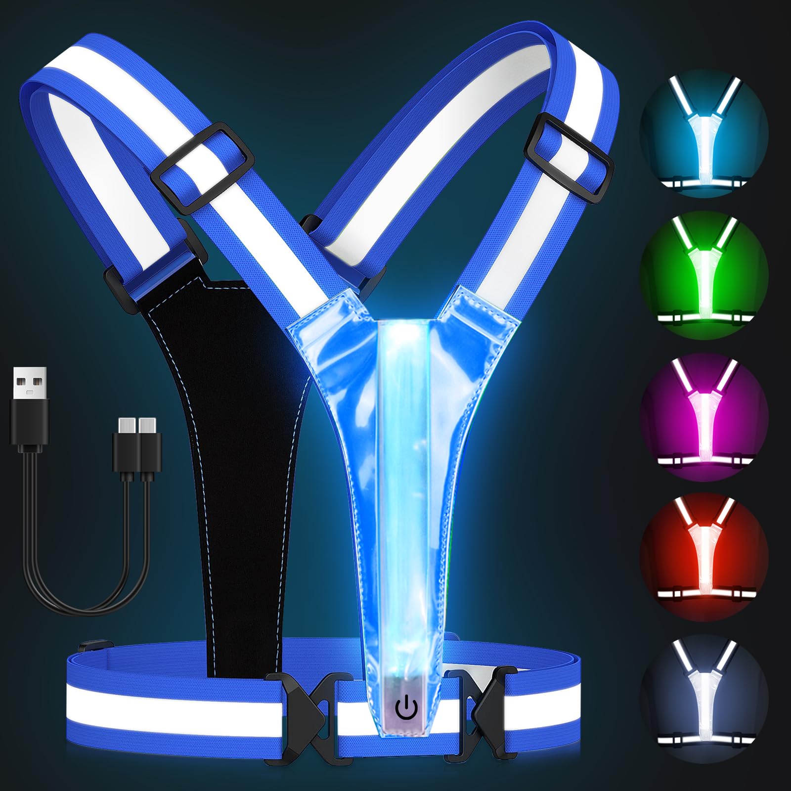 Photo 1 of Zacro LED Reflective Vest Running Gear, 5 Lights Colors High Visibility Reflective Running Gear Rechargeable Light Up Running Vest for Walking Running Cycling, Adjustable for Men Women Kids (Blue)