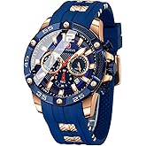 MF MINI FOCUS Men Watch, Chronograph Waterproof Sport Analog Quartz Watches Blue Silicon Strap Fashion Wristwatch for Men