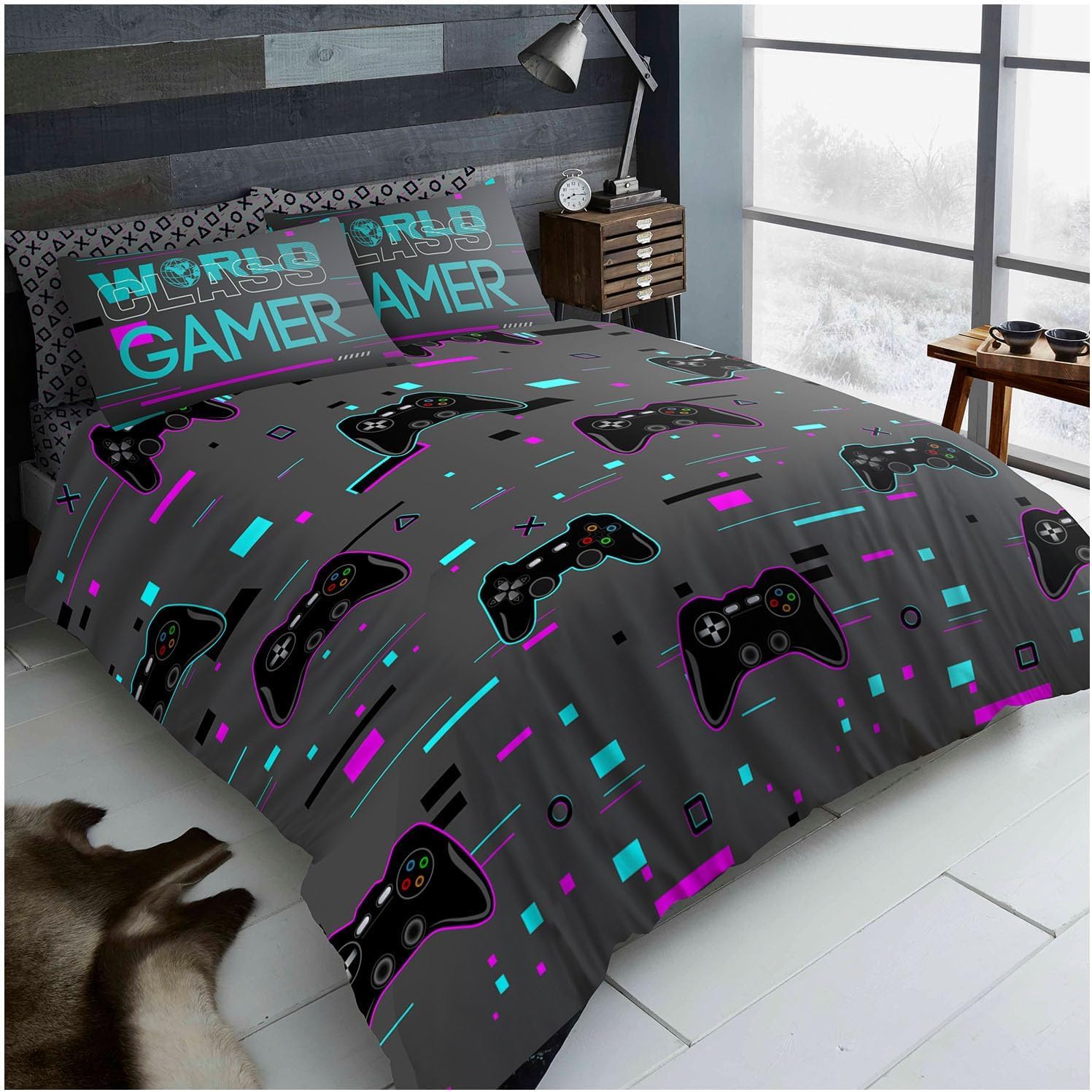 GC GAVENO CAVAILIA Breathable Gaming Bedding Set Double, Gamer Duvet Cover Set (200x200 Cm), Polycotton Reversible Quilt Bed Covers, Washable Linen, Charcoal — image 1