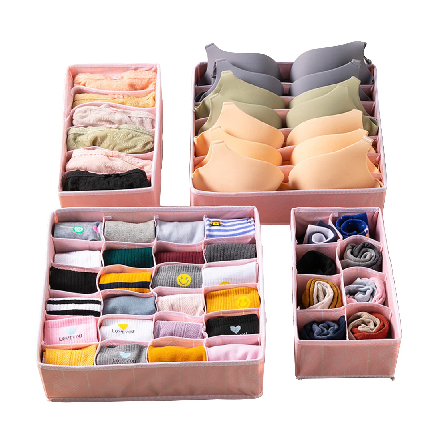 Set of 4 Dresser Drawer Organiser, Underwear Fabric Wardrobe Organiser Cupboard, Drawer Insert, Closet Dividers Foldable Storage Bins Box Containers Socks, Underwear, Bras, Ties, Scarves, Beige (PINK)