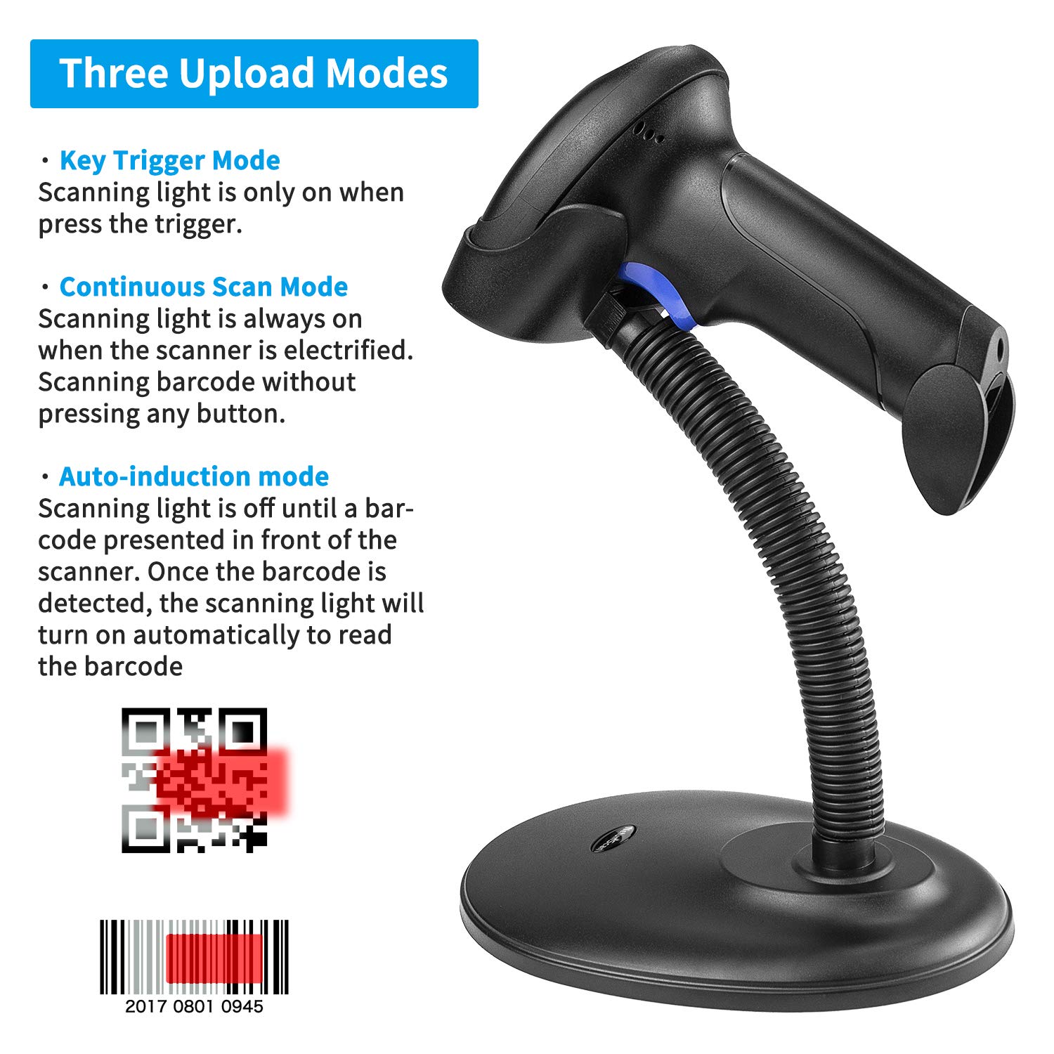 Wireless 1D 2D Barcode Scanner with Stand, NetumScan Portable Automatic QR Code Scanner Supports Screen Scan Handheld CMOS Image Bar Code Reader with USB Receiver for Warehouse POS and Computer