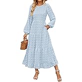 ZESICA Women's Spring Long Sleeve Maxi Dresses 2026 Crew Neck Swiss Dot Tiered Flowy A Line Wedding Cocktail Party Dress